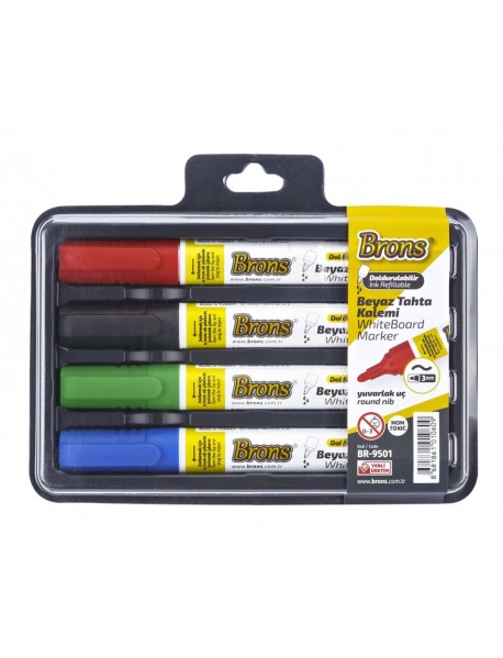 Brons White Board Refillable Marker Round Nib Blister Set 4 Colors