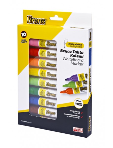 Brons White Board Refillable Marker Round Nib Set 10 Colors