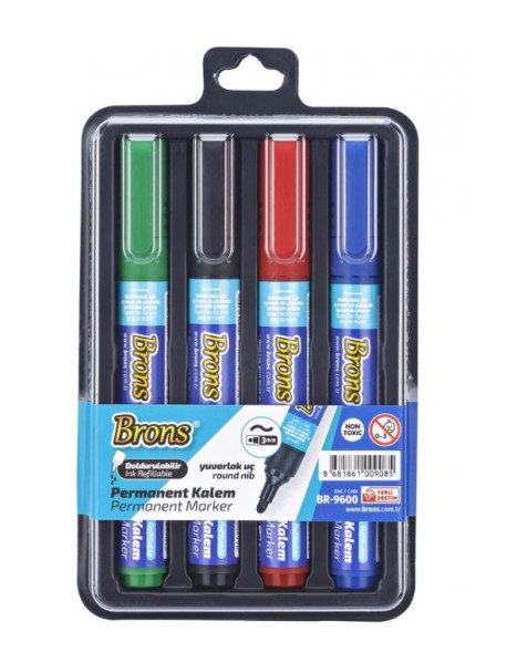 Brons Permanent Refillable Marker Round Nib Blister Set 4 Colors