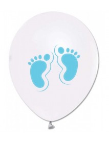 1+1 LIGHT BLUE BABY FEET PRINTED METALLIC WHITE 12" BALLOON (100PCS)