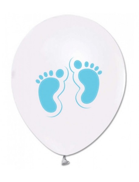 1+1 LIGHT BLUE BABY FEET PRINTED METALLIC WHITE 12" BALLOON (100PCS)