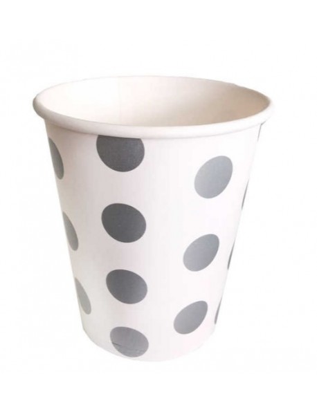 SILVER DOTS WHITE CUPS 8 OZ (8AD)