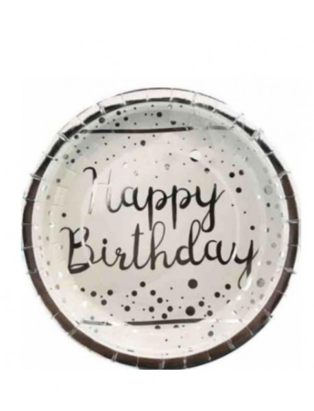 SILVER FOIL HAPPY BIRTHDAY PRINTED WHITE PLATE (6 PCS)