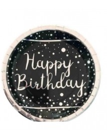 SILVER FOIL HAPPY BIRTHDAY PRINTED BLACK PLATE (6 PCS)