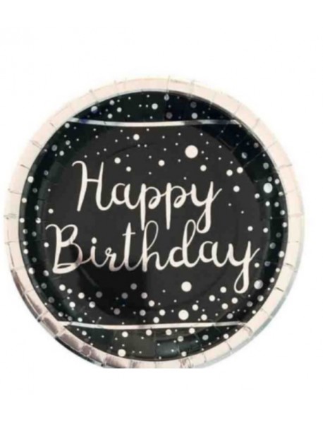 SILVER FOIL HAPPY BIRTHDAY PRINTED BLACK PLATE (6 PCS)