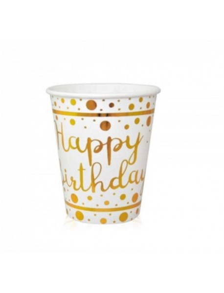 GOLD FOIL HAPPY BIRTHDAY PRINTED 220/240cc WHITE CUPS (6 PCS)