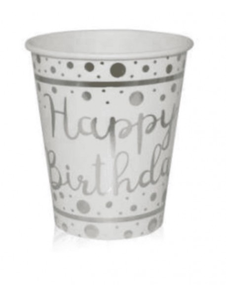 SILVER FOIL HAPPY BIRTHDAY PRINTED 220/240cc WHITE CUPS (6 PCS)