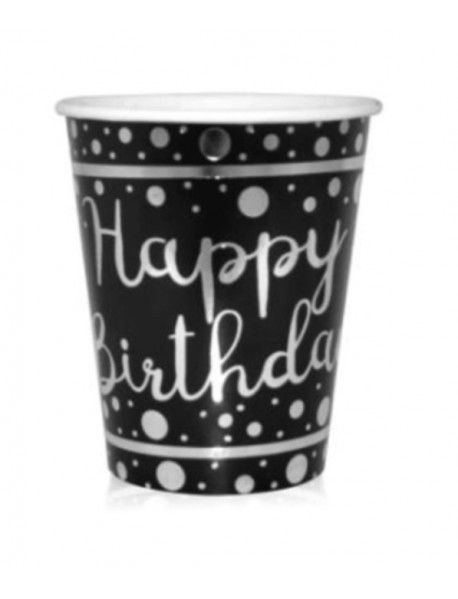 SILVER FOIL HAPPY BIRTHDAY PRINTED 220/240cc BLACK CUPS (6 PCS)