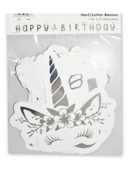 UNICORN SILVER HAPPY BIRTHDAY BANNER (2,50m)