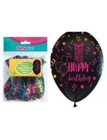 ALL AROUND FLUORESCENT HAPPY BIRTHDAY PRINTED BLACK 12" BALLOONS 14 PCS