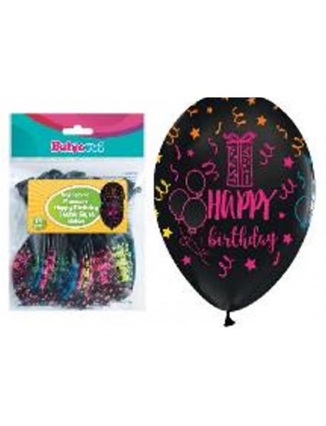 ALL AROUND FLUORESCENT HAPPY BIRTHDAY PRINTED BLACK 12" BALLOONS 14 PCS