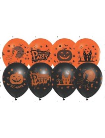 4 SIDE HALLOWEEN PRINTED 12" ORANGE & BLACK BALLOON (14 PCS)