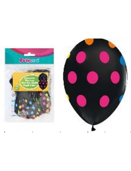 ALL AROUND FLOURESCENT POLKA DOTS PRINTED BLACK 12" BALLOONS 14 PCS