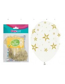 ALL AROUND GOLD STARS PRINTED CLEAR 12" BALLOONS 14PCS