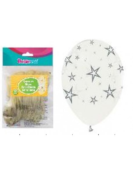 ALL AROUND SILVER STARS PRINTED CLEAR 12" BALLOONS 14PCS