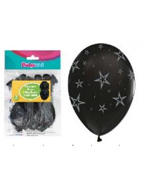 ALL AROUND SILVER STARS PRINTED BLACK 12" BALLOONS 14PCS