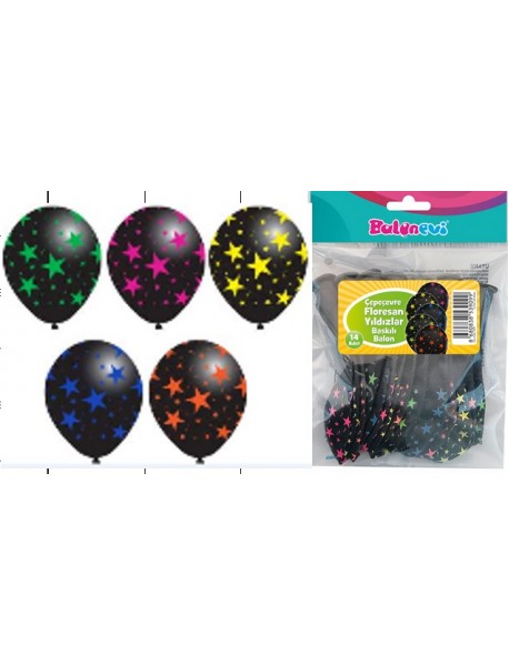 ALL AROUND FLUORESCENT STARS PRINTED BLACK 12" BALLOONS 14PCS